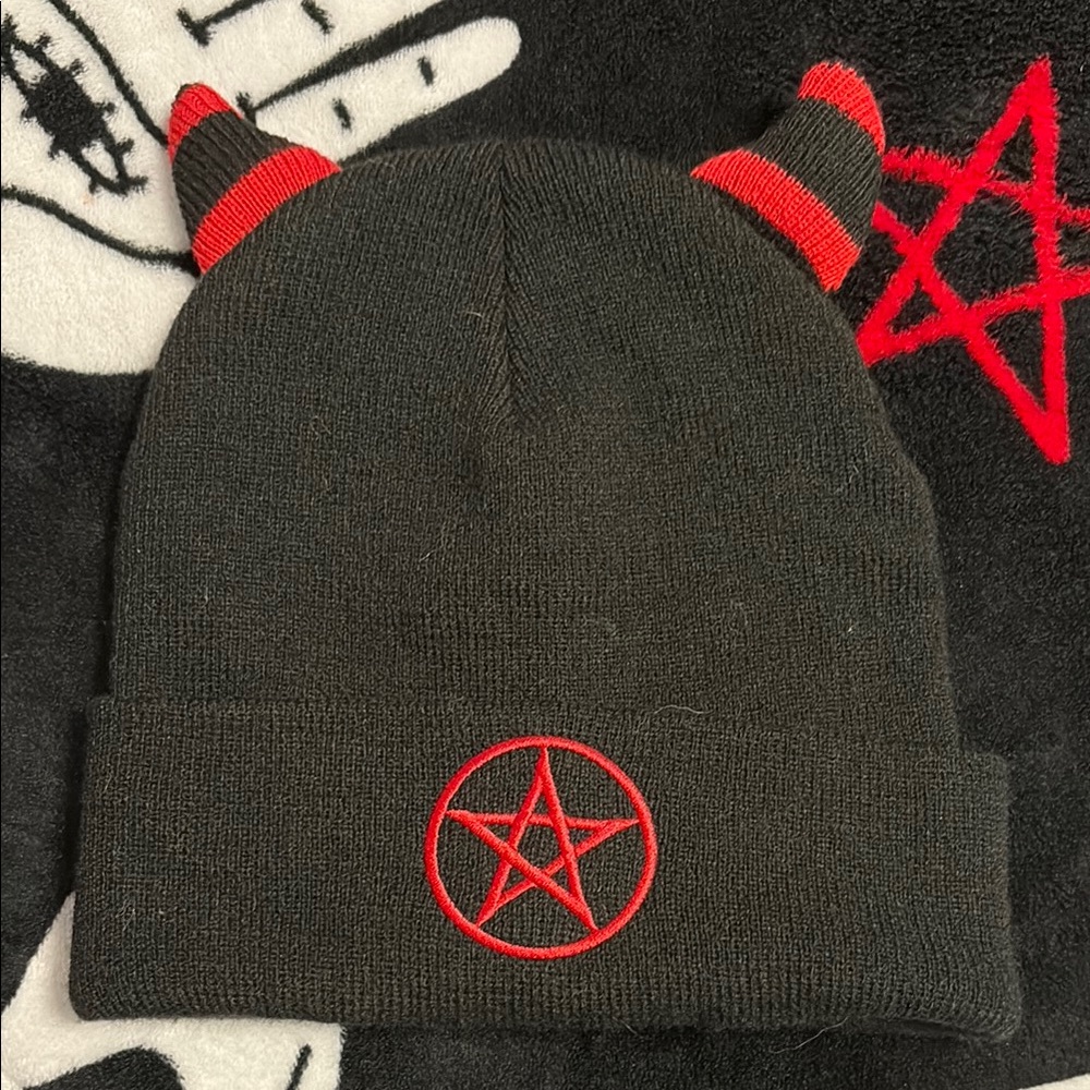 Black and Red Devil Horn Beanie